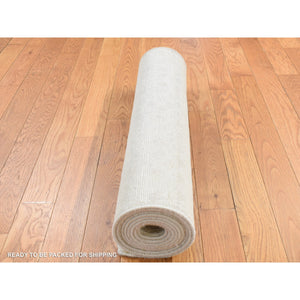 2'6"x8'3" Bone Ivory, Vine Design, Hand Knotted, Tone on Tone, Pure Silk with Textured Wool, Runner Oriental Rug FWR523764