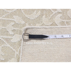 2'6"x8'3" Bone Ivory, Vine Design, Hand Knotted, Tone on Tone, Pure Silk with Textured Wool, Runner Oriental Rug FWR523764
