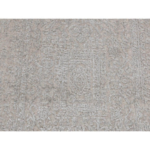 2'5"x12' Smoke Gray, Fine Jacquard with Erased Design, Hand Loomed, Tone on Tone Light Colours, Wool and Plant Based Silk, Oriental Runner Rug FWR523836