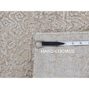 2'5"x12' Smoke Gray, Fine Jacquard with Erased Design, Hand Loomed, Tone on Tone Light Colours, Wool and Plant Based Silk, Oriental Runner Rug FWR523836