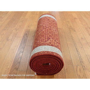 2'9"x11'10" Pumpkin Orange, Tabriz Mahi, Wool, Dense Weave, Hand Knotted, Runner Oriental Rug FWR523848