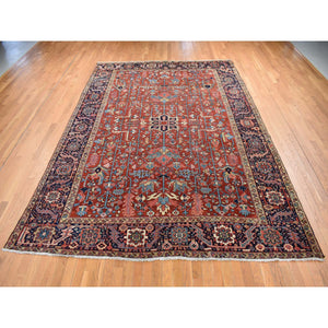 9'4"x12'10" Barn Red, Antique Persian Heriz With Small Geometric Flower Center Medallion, Hand Knotted, Pure Wool, Clean With Sides And Ends Professionally Secured, Good Condition, Oriental Rug FWR523860