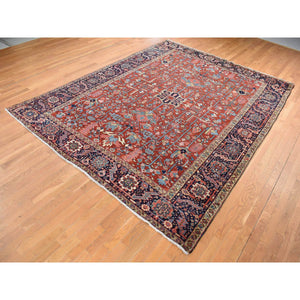 9'4"x12'10" Barn Red, Antique Persian Heriz With Small Geometric Flower Center Medallion, Hand Knotted, Pure Wool, Clean With Sides And Ends Professionally Secured, Good Condition, Oriental Rug FWR523860