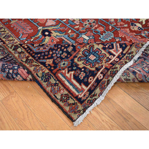 9'4"x12'10" Barn Red, Antique Persian Heriz With Small Geometric Flower Center Medallion, Hand Knotted, Pure Wool, Clean With Sides And Ends Professionally Secured, Good Condition, Oriental Rug FWR523860
