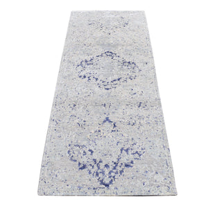 2'5"x6'1" Chrome Gray, Diminishing Cypress Trees with Medallion Design, Silk with Textured Wool, Hand Knotted, Runner Oriental Rug FWR523950