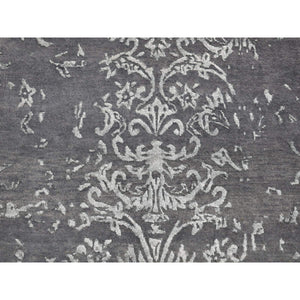 2'9"x6'9" Arsenic Gray, Broken And Erased Abarasque Design, Wool And Silk, Tone On Tone, Handmade, Runner Oriental Rug FWR523980