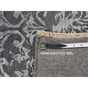2'9"x6'9" Arsenic Gray, Broken And Erased Abarasque Design, Wool And Silk, Tone On Tone, Handmade, Runner Oriental Rug FWR523980