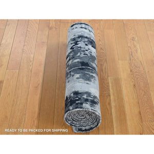 2'7"x6'2" Olive Black, Hi-Low Pile, Abstract Design, Wool and Silk, Hand Knotted, Runner Oriental Rug FWR524034