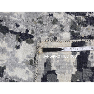 2'7"x6'2" Olive Black, Hi-Low Pile, Abstract Design, Wool and Silk, Hand Knotted, Runner Oriental Rug FWR524034