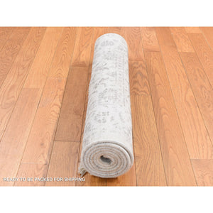 2'6"x6' Ivory, Broken and Erased Tone on Tone Persian Fish Mahi Pattern, Wool and Silk, Blend, Hand Knotted, Runner Oriental Rug FWR524076