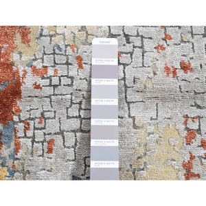 2'6"x5'10" Goose Gray, Wool and Silk, Abstract with Fire Mosaic Design, Hand Knotted, Runner Oriental Rug FWR524106