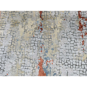 2'6"x5'10" Goose Gray, Wool and Silk, Abstract with Fire Mosaic Design, Hand Knotted, Runner Oriental Rug FWR524106