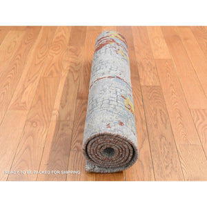 2'6"x5'10" Goose Gray, Wool and Silk, Abstract with Fire Mosaic Design, Hand Knotted, Runner Oriental Rug FWR524106