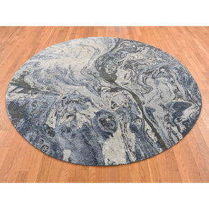 8'1"x8'1" Dallas Cowboys Blue, Geological Galaxy Design, Wool And Pure Silk, Hand Knotted, Round Oriental Rug FWR524172