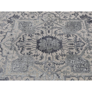 8'1"x8'1" Battleship Gray, Heriz Design, Wool And Silk, Hi-lo Pile, Hand Knotted, Round Oriental Rug FWR524196