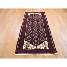 Load image into Gallery viewer, 3&#39;8&quot;x8&#39; Vermilion Red, Vintage Persian Baluch, Repetitive Gul Motif with Peacocks Design, Pure Wool, Hand Knotted, Wide Runner Oriental Rug FWR524310