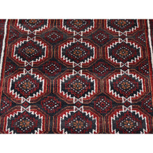 Load image into Gallery viewer, 3&#39;8&quot;x8&#39; Vermilion Red, Vintage Persian Baluch, Repetitive Gul Motif with Peacocks Design, Pure Wool, Hand Knotted, Wide Runner Oriental Rug FWR524310