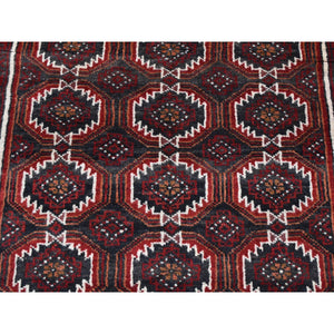 3'8"x8' Vermilion Red, Vintage Persian Baluch, Repetitive Gul Motif with Peacocks Design, Pure Wool, Hand Knotted, Wide Runner Oriental Rug FWR524310