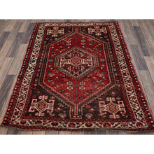 Load image into Gallery viewer, 3&#39;9&quot;x5&#39;1&quot; Crimson Red, Vintage Persian Shiraz with Small Animal Figurines, Geometric Medallion Design, Shaved Down, Zero Pile, Sides and Ends Professionally Secured, Clean, Hand Knotted, 100% Wool, Oriental Rug FWR5238