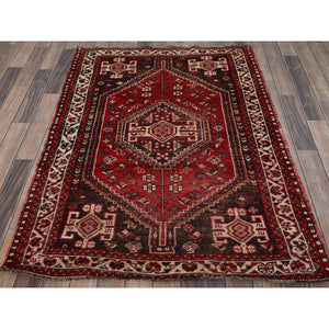 3'9"x5'1" Crimson Red, Vintage Persian Shiraz with Small Animal Figurines, Geometric Medallion Design, Shaved Down, Zero Pile, Sides and Ends Professionally Secured, Clean, Hand Knotted, 100% Wool, Oriental Rug FWR5238