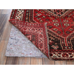 3'9"x5'1" Crimson Red, Vintage Persian Shiraz with Small Animal Figurines, Geometric Medallion Design, Shaved Down, Zero Pile, Sides and Ends Professionally Secured, Clean, Hand Knotted, 100% Wool, Oriental Rug FWR5238