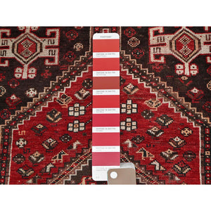 3'9"x5'1" Crimson Red, Vintage Persian Shiraz with Small Animal Figurines, Geometric Medallion Design, Shaved Down, Zero Pile, Sides and Ends Professionally Secured, Clean, Hand Knotted, 100% Wool, Oriental Rug FWR5238