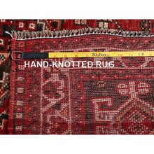 Load image into Gallery viewer, 3&#39;9&quot;x5&#39;1&quot; Crimson Red, Vintage Persian Shiraz With Small Animal Figurines, Geometric Medallion Design, Shaved Down, Zero Pile, Sides And Ends Professionally Secured, Clean, Hand Knotted, 100% Wool, Oriental Rug FWR5238