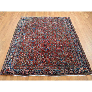 7'3"x9'7" Fire Brick Red, Antique Persian Heriz With Fish Mahi All Over Design, Full Pile, Hand Knotted, Mint Condition, Pure Wool, Clean, Oriental Rug FWR524406