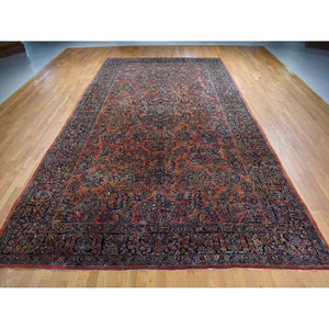 10'6"x19'3" Prismatic Red, Antique Persian Sarouk, Pure Wool, Full Pile, Mint Condition, Hand Knotted, Clean And Soft, Long And Narrow Shape, Oriental Rug FWR524418