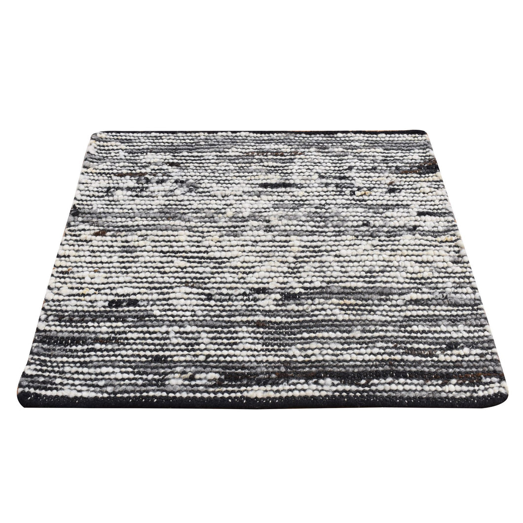 2'x2' Ivory with Black, 100% Wool, Looped and Uncut Pile, Big Knots, Hand Loomed, Natural Undyed Wool, Sample Fragment, Square Oriental Rug FWR524472
