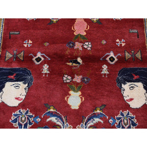 3'x4'9" Fire Brick Red, Persian Ardabil with Various Human Figurines, Pure Wool, Hand Knotted, Oriental Rug FWR524610