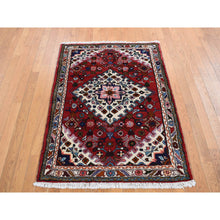 Load image into Gallery viewer, 3&#39;7&quot;x4&#39;8&quot; Maroon Red, New Persian Bohemian Hamadan, Geometric Flower Design, Pure Wool, Hand Knotted, Oriental Rug FWR524742
