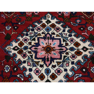 3'7"x4'8" Maroon Red, New Persian Bohemian Hamadan, Geometric Flower Design, Pure Wool, Hand Knotted, Oriental Rug FWR524742