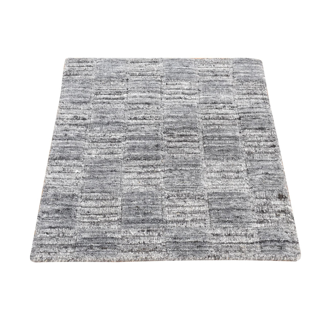 2'x2' Cloud Gray, Modern Checkers Design, Hand Loomed, 100% Wool, Sample Fragment, Square Oriental Rug FWR524886