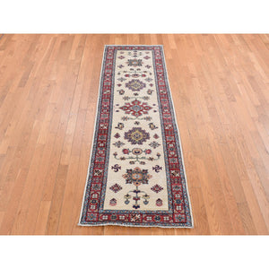 2'9"x8'7" Bone White, Afghan Super Kazak With Tribal Medallion Design, Hand Knotted, Pure Wool, Runner, Oriental Rug FWR524958