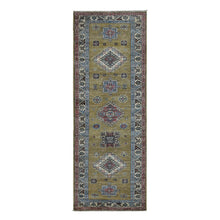 Load image into Gallery viewer, 2&#39;9&quot;x7&#39;7&quot; Olive Green, Hand Knotted, Afghan Super Kazak with Geometric Medallion Design, Pure Wool, Runner, Oriental Rug FWR525012