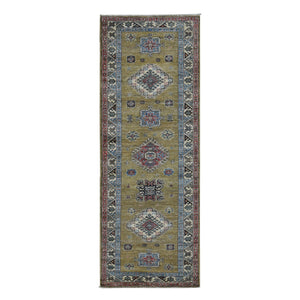 2'9"x7'7" Olive Green, Hand Knotted, Afghan Super Kazak with Geometric Medallion Design, Pure Wool, Runner, Oriental Rug FWR525012