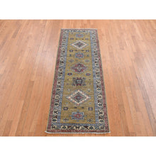 Load image into Gallery viewer, 2&#39;9&quot;x7&#39;7&quot; Olive Green, Hand Knotted, Afghan Super Kazak with Geometric Medallion Design, Pure Wool, Runner, Oriental Rug FWR525012