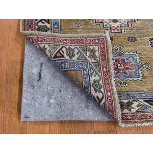 2'9"x7'7" Olive Green, Hand Knotted, Afghan Super Kazak with Geometric Medallion Design, Pure Wool, Runner, Oriental Rug FWR525012