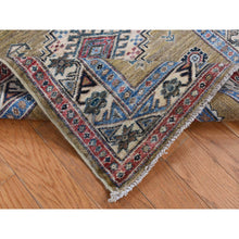 Load image into Gallery viewer, 2&#39;9&quot;x7&#39;7&quot; Olive Green, Hand Knotted, Afghan Super Kazak With Geometric Medallion Design, Pure Wool, Runner, Oriental Rug FWR525012