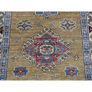 2'9"x7'7" Olive Green, Hand Knotted, Afghan Super Kazak with Geometric Medallion Design, Pure Wool, Runner, Oriental Rug FWR525012