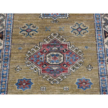 Load image into Gallery viewer, 2&#39;9&quot;x7&#39;7&quot; Olive Green, Hand Knotted, Afghan Super Kazak With Geometric Medallion Design, Pure Wool, Runner, Oriental Rug FWR525012