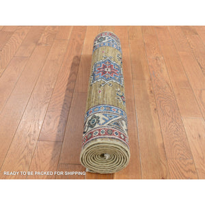 2'9"x7'7" Olive Green, Hand Knotted, Afghan Super Kazak with Geometric Medallion Design, Pure Wool, Runner, Oriental Rug FWR525012