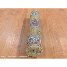 Load image into Gallery viewer, 2&#39;9&quot;x7&#39;7&quot; Olive Green, Hand Knotted, Afghan Super Kazak With Geometric Medallion Design, Pure Wool, Runner, Oriental Rug FWR525012
