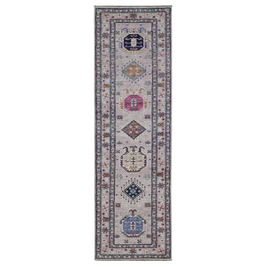 2'8"x8'10" Pastel Pink, Hand Knotted, Afghan Super Kazak with Geometric Motif, Pure Wool, Runner, Oriental Rug FWR525024