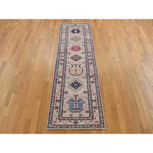 2'8"x8'10" Pastel Pink, Hand Knotted, Afghan Super Kazak with Geometric Motif, Pure Wool, Runner, Oriental Rug FWR525024