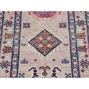 2'8"x8'10" Pastel Pink, Hand Knotted, Afghan Super Kazak with Geometric Motif, Pure Wool, Runner, Oriental Rug FWR525024