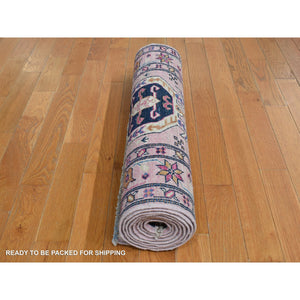2'8"x8'10" Pastel Pink, Hand Knotted, Afghan Super Kazak with Geometric Motif, Pure Wool, Runner, Oriental Rug FWR525024