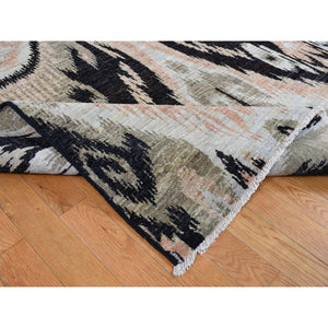 9'1"x13' Eerie Black, 100% Wool, Ikat Uzbek Design, Hand Knotted, Oriental Rug FWR525078