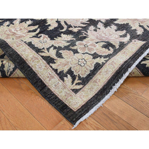 9'1"x12'4" Walnut Hull Black, Dense Weave, Fine Peshawar with All Over Repetitive Flower Bouquets Design, Hand Knotted, Pure Wool, Oriental Rug FWR525102